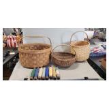 (3) Woven Baskets & (8) Vintage Wooden Spools Of