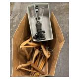 Box Lot With Lamp Base & Wooden Hangers