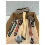 Hatchet, Pipe Wrenches, Pliers, Lawn Mower