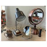 Desk Lamp, Lighted Mirror, Silverplate Cup,