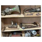 Shelf Lot With Sledge Head, Hatchet, Hand Drill,