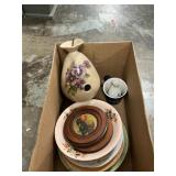 Box Lot With Bird House, Assorted Plates, Mug,