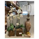 Planters With Faux Orchids, Heavy Marble Lamp
