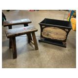 Vintage Wooden Mini Footstools, Metal Planter