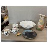 Milk Glass Ruffled Bowl & Fenton Hobnail Vase,