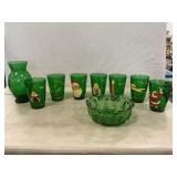 Handpainted Green Christmas Tumblers, Vase, Bowl