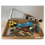 Lot With Saws, Level, Plugs, Lock & Keys, Clamps,