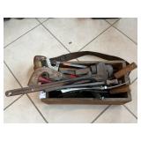 Wooden Tool Box With Saws, Pipe Wrenches, Scythes