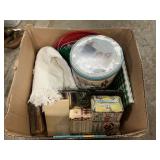 Box Lot With Tins, Cigar Box, Cookbooks, Desk