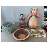 Avon Porcelain Head Doll, Cat Pillow, Baskets,