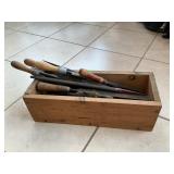 Wooden Box With Files, Wrenches, Hand Drill &