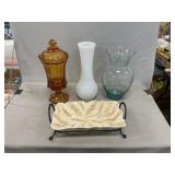 Fostoria Amber Coin Glass Covered Urn, Milk Glass