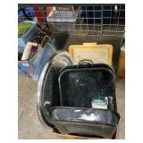 Box Lot With Enamel Roaster, Plastic Trays, Cake