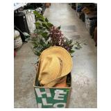 Box Lot With Strawberry Planter, Faux Plants, Hat