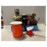 Enamel Pitcher & Dipper, Decanter, Oil Lamp Base,