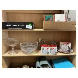 Shelf Lot Of Crystal Votive Holders, Clock,