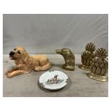 Golden Retriever Ashtray & Resin Statue, Brass