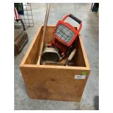 Wooden Box With Worklight, Axe, Trowels,