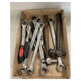 Assorted Wrenches, Ratchets, Ball Peen Hammers,