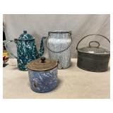 Graniteware Coffee Boiler, Milk Can, Lidded Pots
