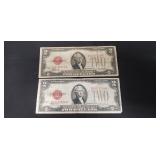 (2) U.S. Red Sealed Two Dollar Bills