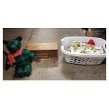 Plastic Laundry Basket, Assorted Linens, Jewelry