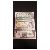 (2) Canadian One Dollar Bills & (1) Novelty U.S.