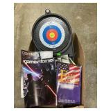 Box Lot With Dartboard, Books, Gaming Magazines,
