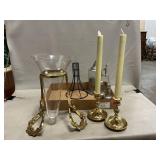 Brass-Like Vase Holder, Candlesticks, Tankard,