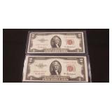 (2) U.S. Red Sealed Two Dollar Bills
