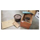 Wooden Box w/ Assorted Vintage Items, Cast Iron