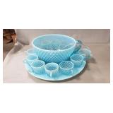 Vintage Fenton Blue Opalescent Glass Punch Bowl