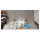 Assorted Milk White Glassware, (2) Oil Lamps &