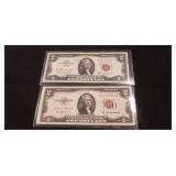 (2) U.S. Red Sealed Two Dollar Bills