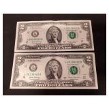 (2) U.S. Two Dollar Bills (Sequential Serial