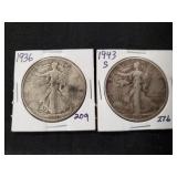 (2) U.S. Silver Walking Liberty Half Dollar Coins