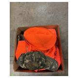 Box Lot With Hats, Hunting Vest, Camo Belt With