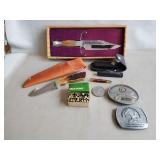 (4) Assorted Knives, (2) Belt Bucklets & Box Of