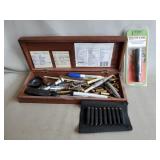 Wooden Box Of Assorted Reloading Items, Deer Call