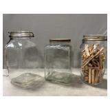 (3) Vintage Canisters, Wooden Clothespins