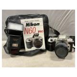 Nikon N60 Camera, Quantaray Flash With Carry Case