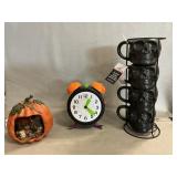 NWT Skull Mugs, Lighted Pumpkin, B.O. Alarm Clock