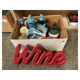 Box Lot w/ Wine Wall Hanger, Decanters, Vintage