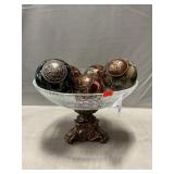 Crackled Glass Pedestal Bowl With Decorative Orbs