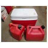 (1) Rubbermaid Cooler & (2) 2.5 Gallon Plastic