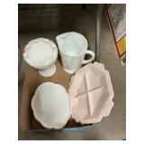 Milk Glass Pitcher, Compote, Divided Dish,