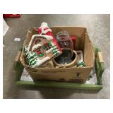 Box Lot With Ceramic House & Tree, Glassware,