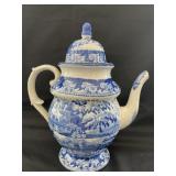Flow Blue Coffee Pot, Damage on Spout, Chip on