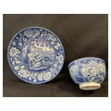 Flow Blue Cup & Saucer, Girl Milking Cow