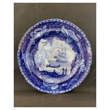 Flow Blue Plate, E. Wood & Sons, Nautical Scene,